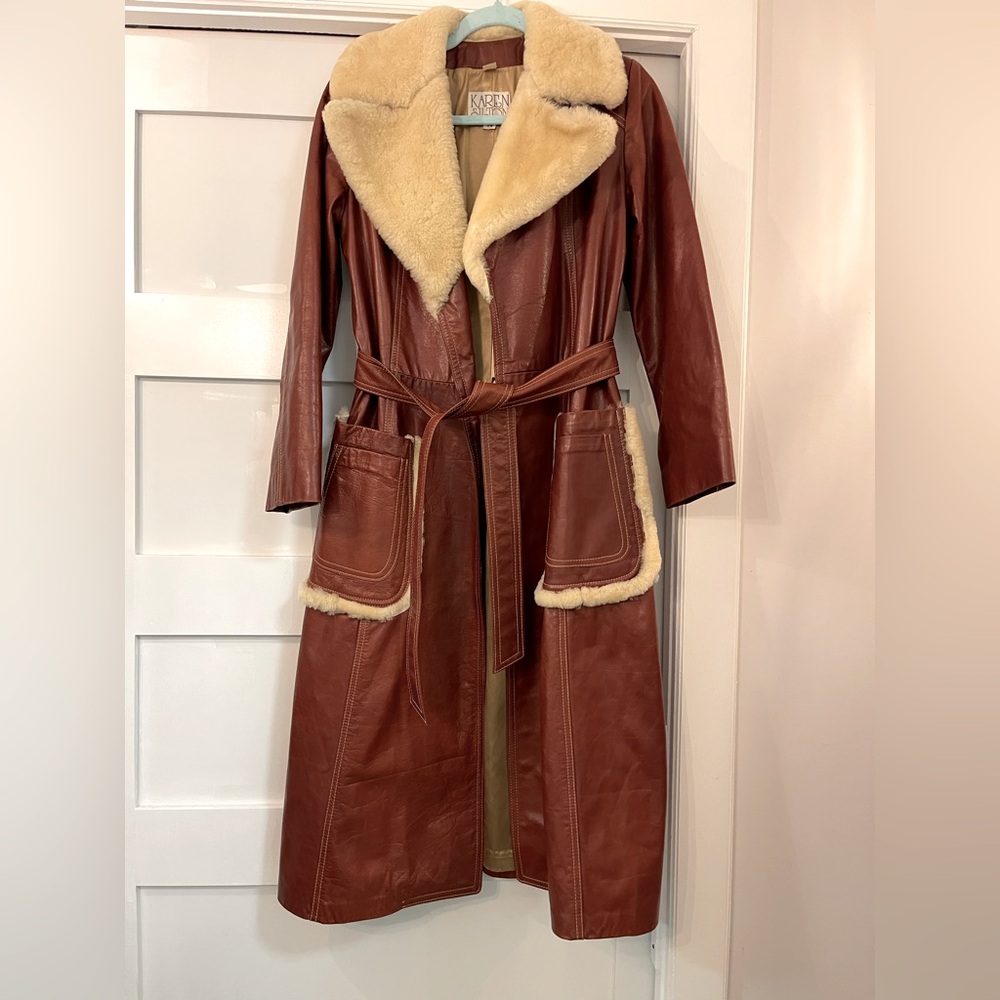 Vintage Karen Silton 70s Leather Penny Lane Fur Collar Trench Coat Mod Sz 7/8 Sm